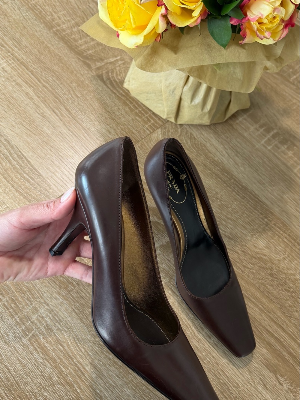 Prada Women's Dark Brown Leather Square-Toe Pumps - Picture 4 of 6